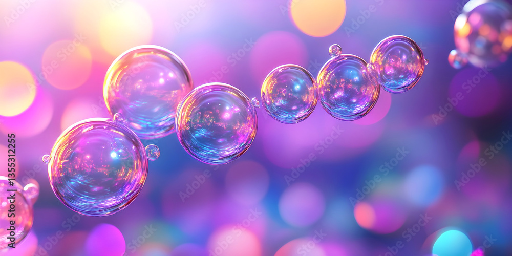 Colorful soap bubbles floating in dreamy bokeh background with vibrant purple, pink and blue light reflections Colorful soap bubbles floating in dreamy bokeh background with vibrant purple, pink and blue light reflections