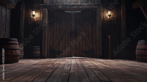 Medieval Tavern Interior Open Doors with Wooden Floor, and Barrels.