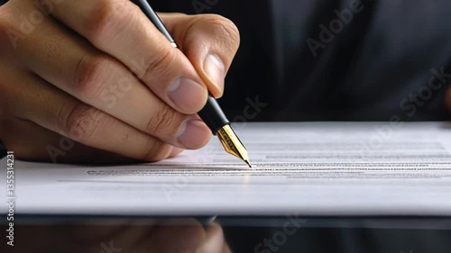 Detailed view of hand signing legal document with fountain pen for approval