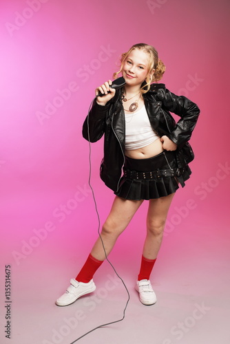 Full-Body Shot of Ten-Year-Old Karaoke Singer