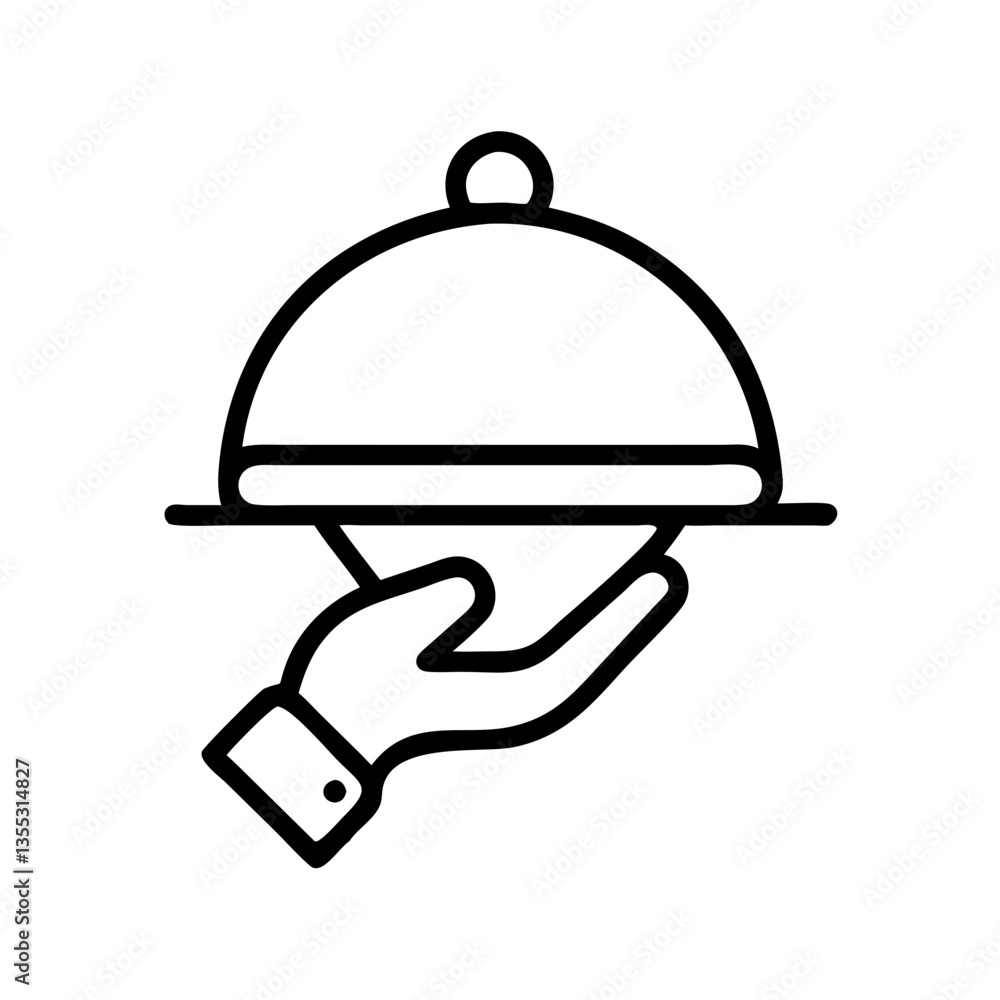 Hand serving cloche lid dish in minimalist line art style Hand serving cloche lid dish in minimalist line art style