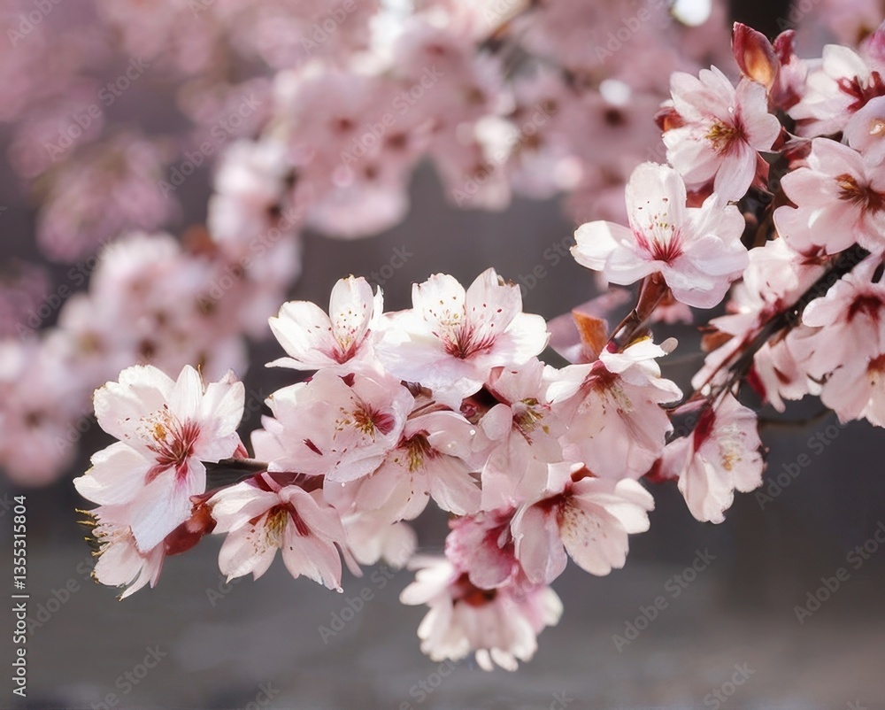 Fototapeta premium Blush-pink cherry blossoms in a silken blur, pale gold accents, abstract floral texture with serene Japanese garden vibe.