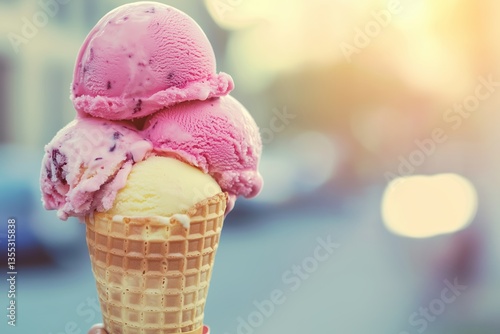 4 Kugel Eis in einer Waffel, Erdbeere und Vanille