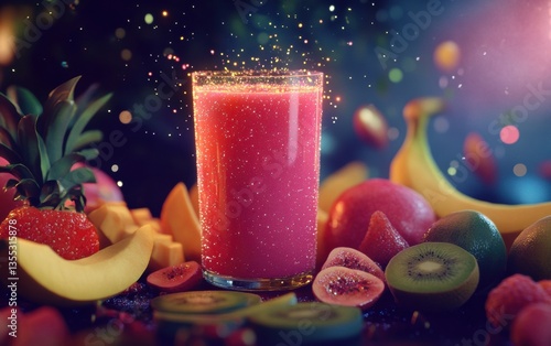 A vibrant glowing futuristic smoothie made from enhanced fruits, a signature of sustainable future food practices.