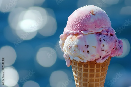 Kugel Eis in einer Waffel, Erdbeere und Vanille