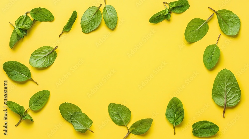 Fresh mint leaves frame, yellow background, food recipe, design Fresh mint leaves frame, yellow background, food recipe, design