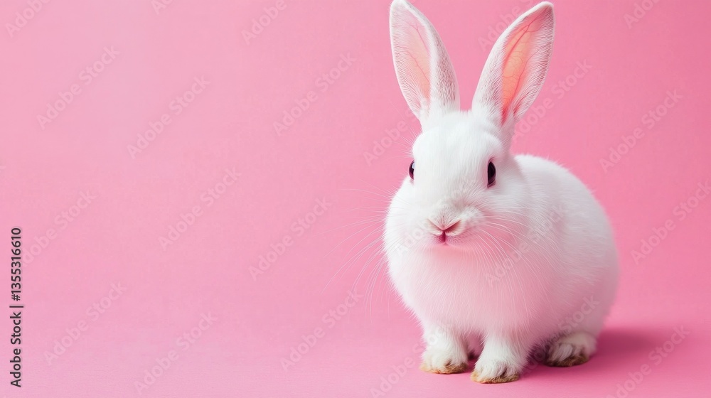 Obraz premium Photo of a little bunny, on a soft pink background Easter theme