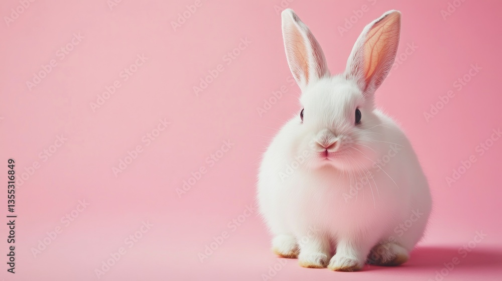 Fototapeta premium Photo of a little bunny, on a soft pink background Easter theme