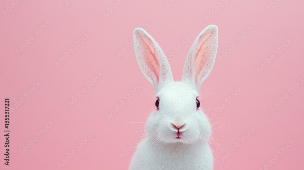 Obraz premium Photo of a little bunny, on a soft pink background Easter theme