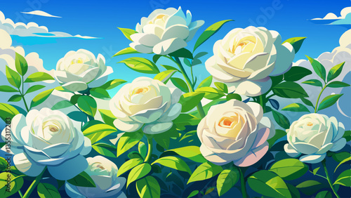 White bush roses on a background of blue sky in the sunlight. Beautiful spring or summer floral background.