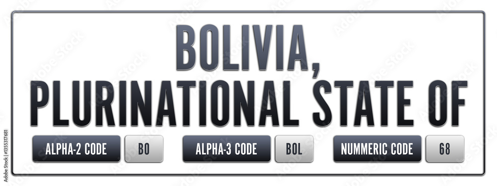 Obraz premium Bolivia, Plurinational State of. Illustration with ISO 3166-1 Country Code. ISO Alpha-2, Alpha-3 and Numeric code. Two three letters and numbers.
