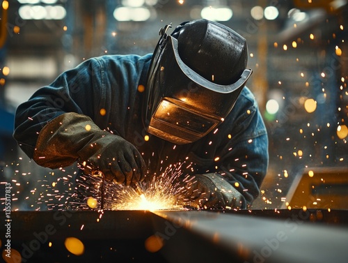 iron pipe welder in factory industry, sparks from pipe, iron head protection, thick safety clothing, iron factory industry