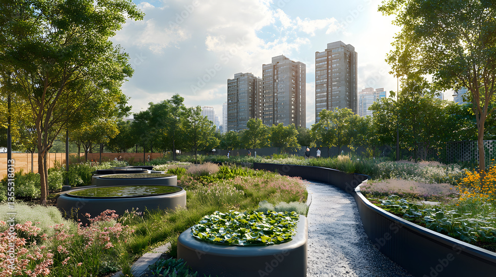 Fototapeta premium A modern urban landscape with rainwater collection tanks installed in public spaces, providing a sustainable water source for parks, gardens, and green rooftops to support eco-friendly living.