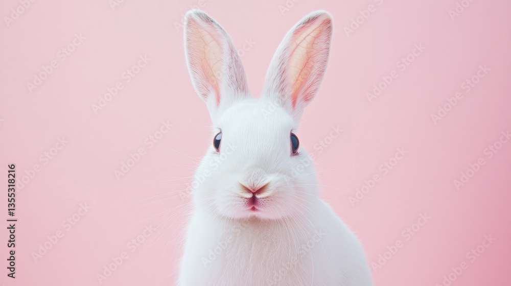 Obraz premium Photo of a little bunny, on a soft pink background Easter theme