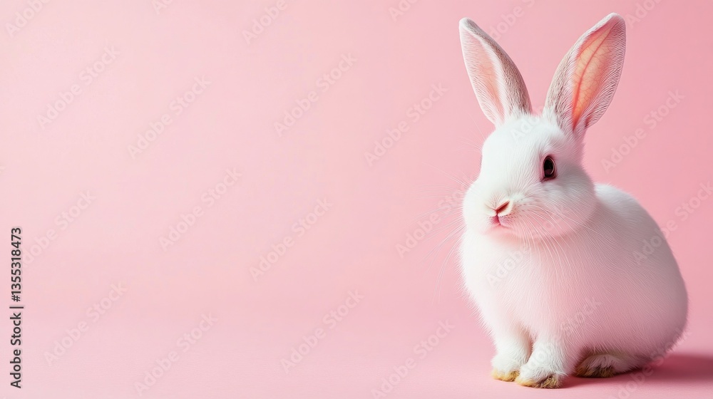 Obraz premium Photo of a little bunny, on a soft pink background Easter theme