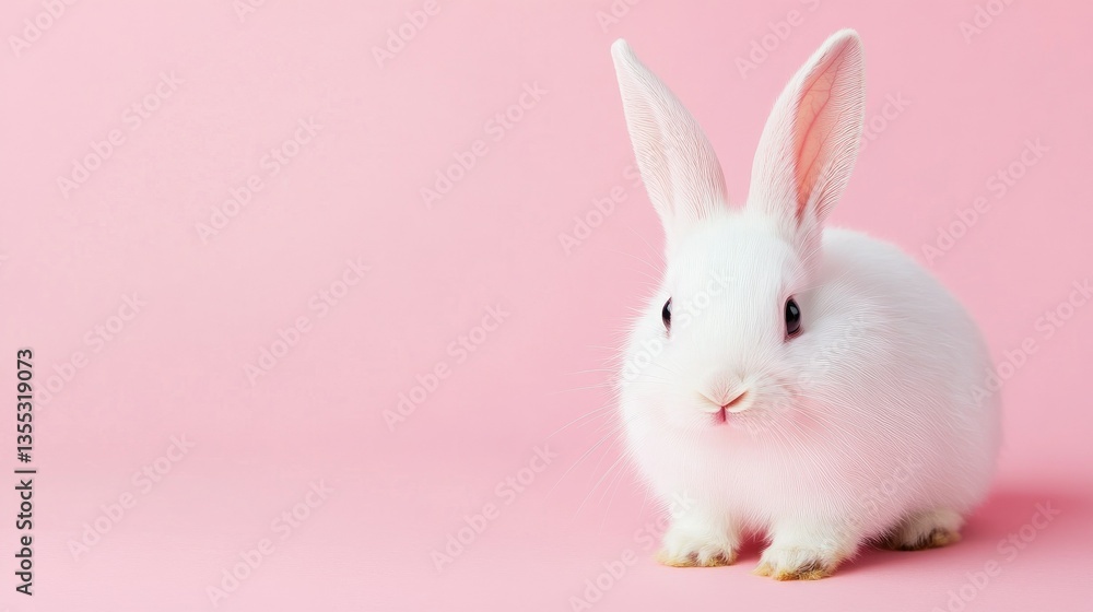 Obraz premium Photo of a little bunny, on a soft pink background Easter theme