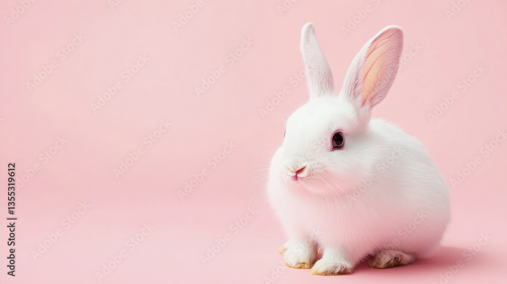 Obraz premium Photo of a little bunny, on a soft pink background Easter theme
