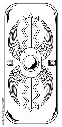 Schwarz-weiße Darstellung eines römischen Schildes (Scutum) mit dekorativen Flügeln und Blitzsymbolen. Ideal für historische Designs, Ausmalbilder oder römische Militärthemen.
