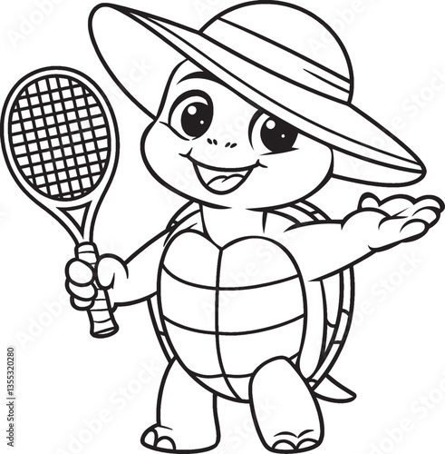 Cute Turtles racket activate for kids and adults coloring page and vector illustration 