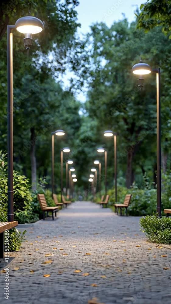 Serene park pathway illuminated by lamps, surrounded by lush greenery and benches Serene park pathway illuminated by lamps, surrounded by lush greenery and benches