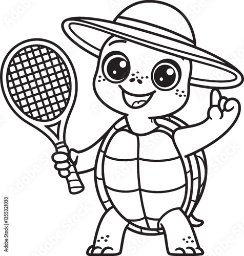 Cute Turtles racket activate for kids and adults coloring page and vector illustration 