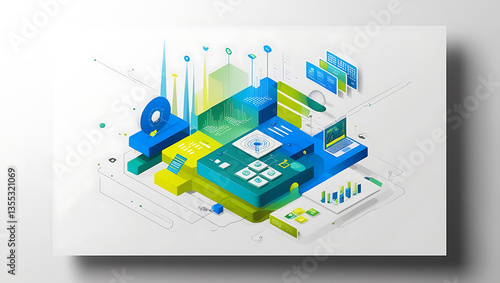 Digital analytics data visualization, financial schedule, monitor screen in perspective