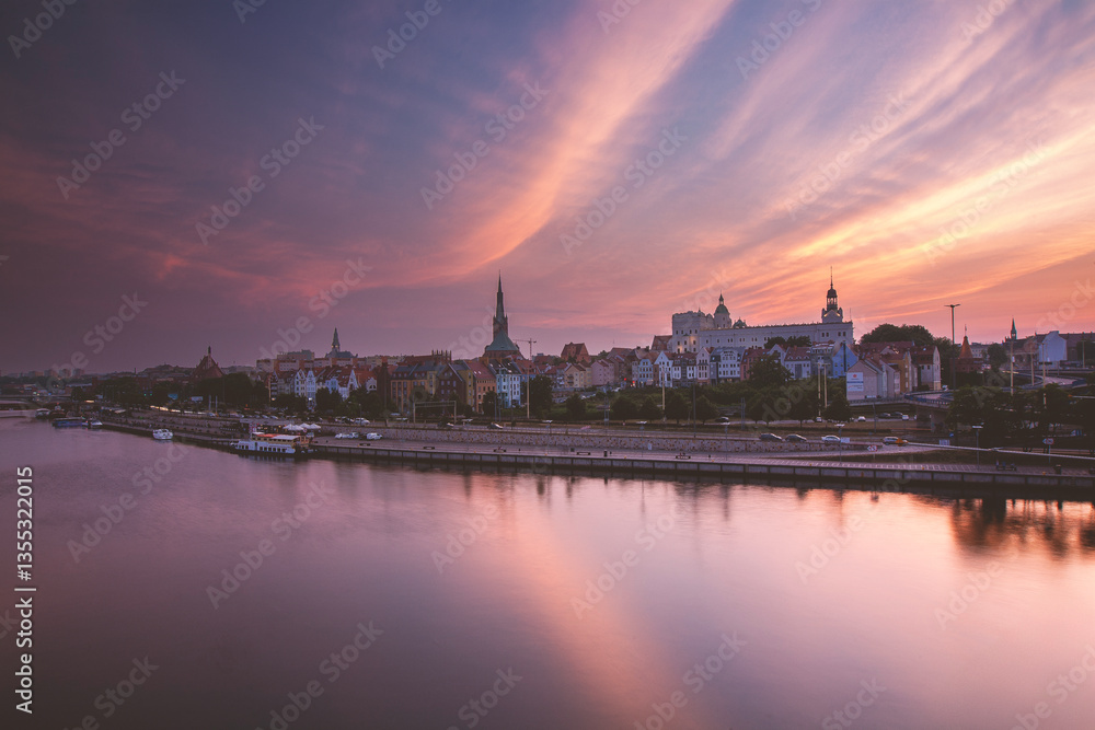 Fototapeta premium Panorama of Szczecin at sunset, Poland.