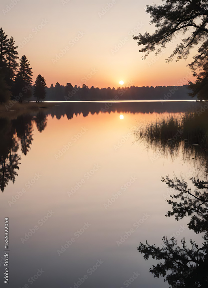 Fototapeta premium Tranquil Sunrise Reflected in Lake