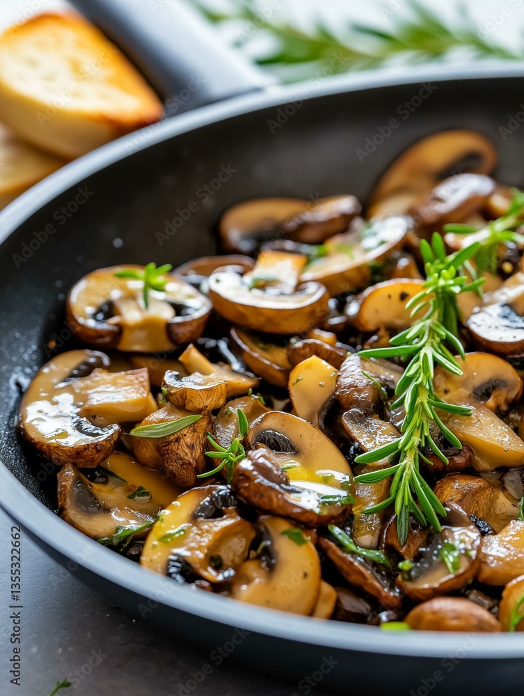 Close-up of a frying pan with sliced mushrooms in it. the mushrooms are browned and appear to be cooked with herbs and spices. the pan is black and has a handle on one side. Close-up of a frying pan with sliced mushrooms in it. the mushrooms are browned and appear to be cooked with herbs and spices. the pan is black and has a handle on one side.