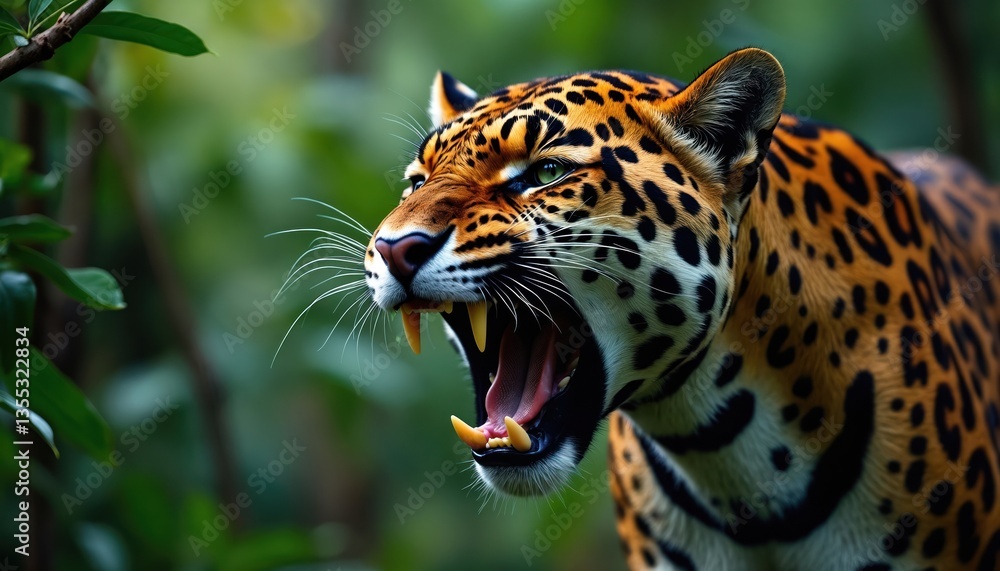 Obraz premium Fierce jaguar roars in rich green rainforest. Big cat predator shows teeth, wild animal in tropical habitat. Fauna behavior, vibrant colors. Carnivore, ecosystem, conservation, biodiversity, jungle,