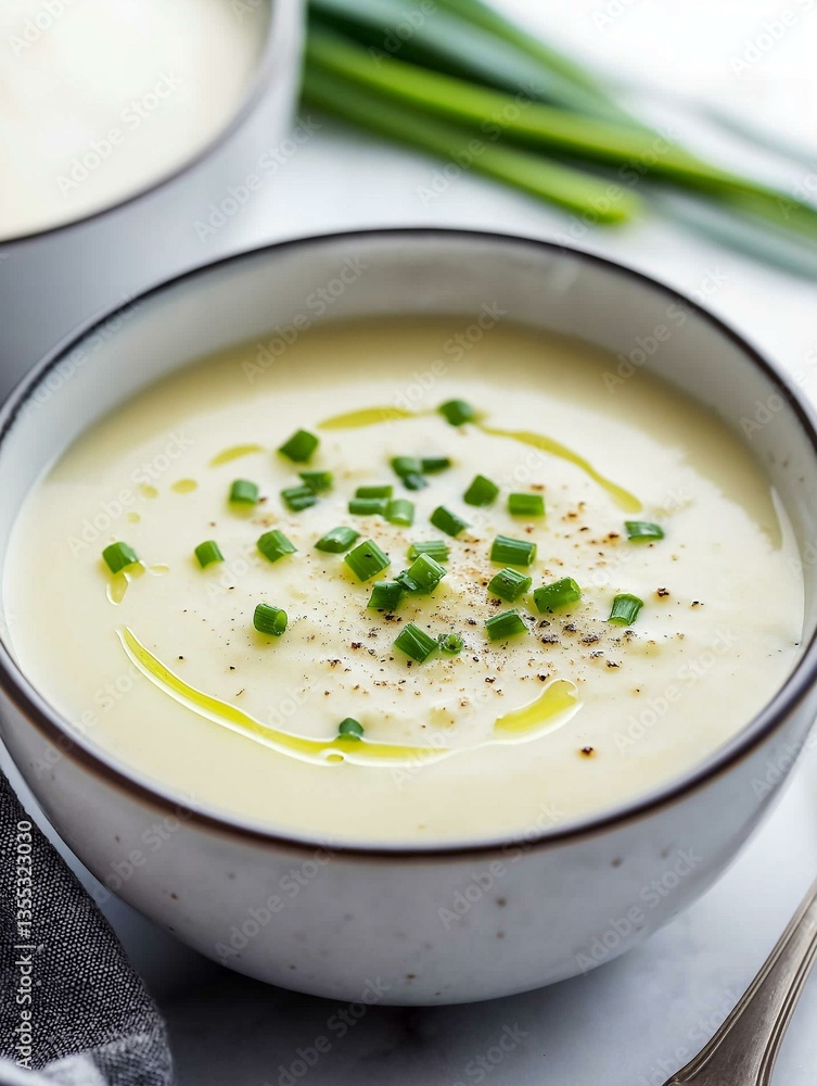 Bowl of creamy soup with a spoon in it. the soup appears to be a creamy yellow color and is topped with chopped green onions and a drizzle of olive oil. Bowl of creamy soup with a spoon in it. the soup appears to be a creamy yellow color and is topped with chopped green onions and a drizzle of olive oil.