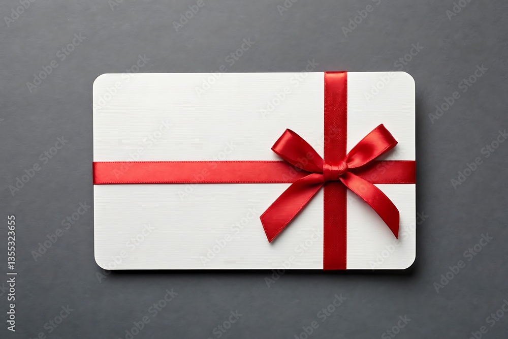 Gift card with red ribbon and bow isolated on gray background Gift card with red ribbon and bow isolated on gray background