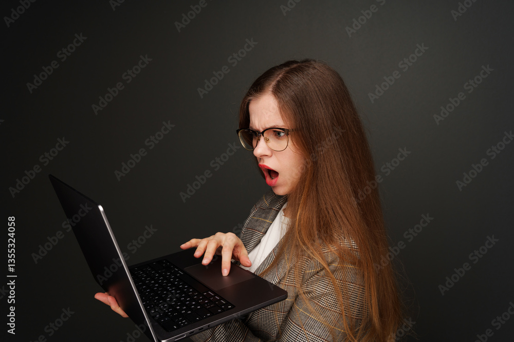 Fototapeta premium Young woman in glasses with surprised expression holding a laptop. Dark background. Captures a moment of shock or surprise while working on a computer