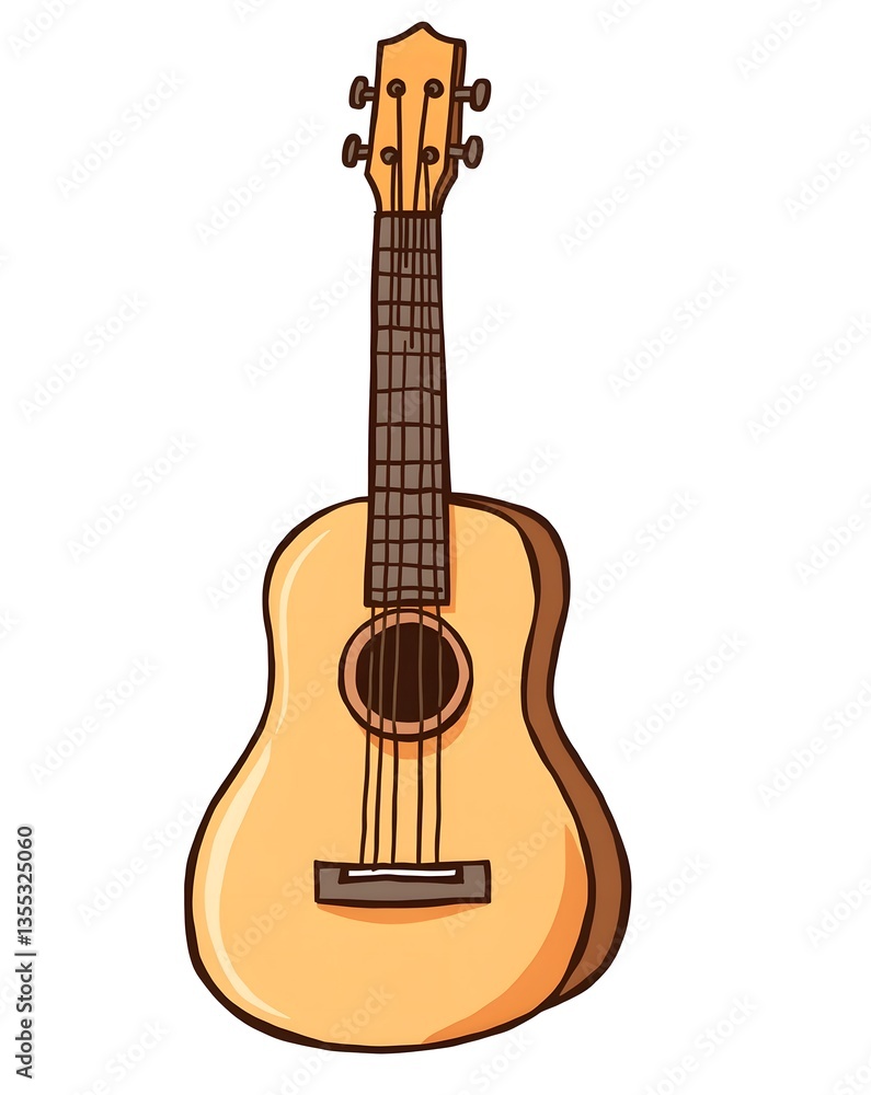 Naklejka premium Minimalist illustration of a guitar with a light brown body, dark accents, and six tuning pegs.
