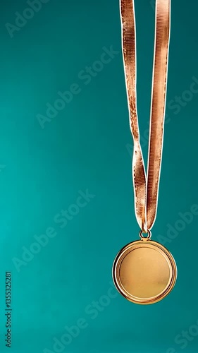 Gold medal hanging from a ribbon against a teal background, symbolizing achievement and success
