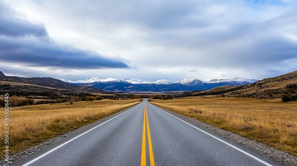 Naklejka premium Scenic Open Road Stretching Through Breathtaking Mountainous Terrain Under Dramatic Sky : Generative AI