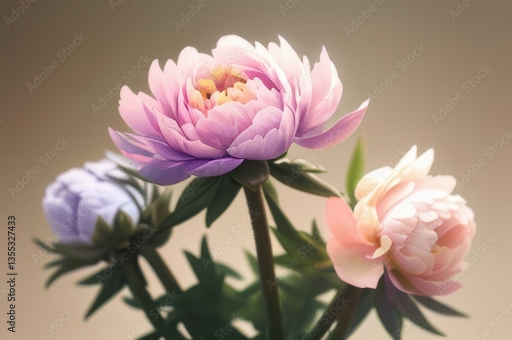 Obraz premium Soft pink peonies in full bloom with delicate petals and golden centers on a pastel background. Perfect for floral, romantic, wedding, or spring-themed designs