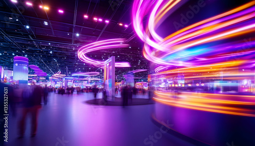 Vibrant light trails at a bustling indoor event