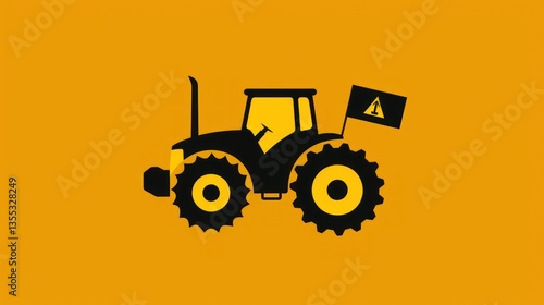 Farming Equipment Silhouette A Bold Tractor Illustration with Safety Flag on a Vibrant Orange