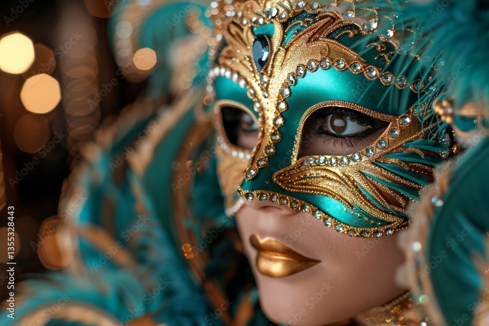 Elegant venetian masked woman with feathers and gold accents at carnival Elegant venetian masked woman with feathers and gold accents at carnival