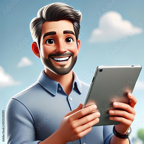 Businessman with Digital Tablet in Outdoor Setting - 3D cartoon of a professional with a tablet outdoors, symbolizing workplace flexibility, digital productivity, and mobile business environments.