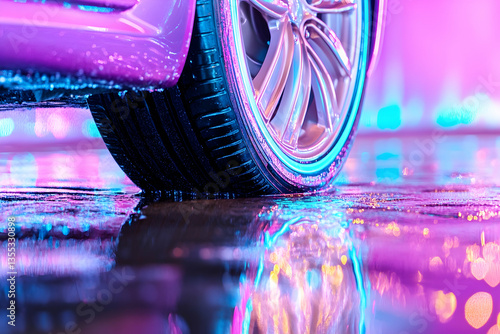 Wet Car Wheel, Neon Lights, Night, Reflection