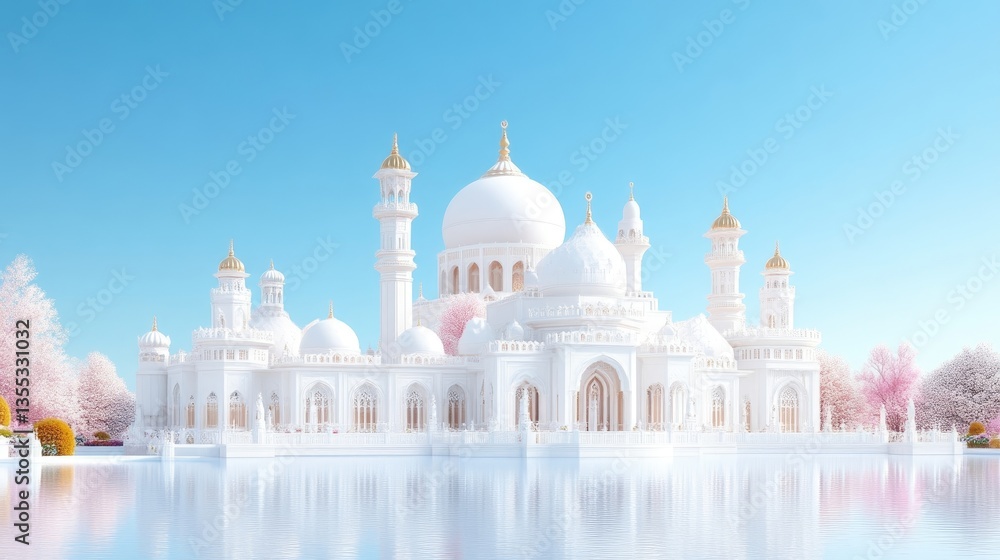 Obraz premium Grand white mosque, serene setting, with a calm, reflective pond and cherry blossoms