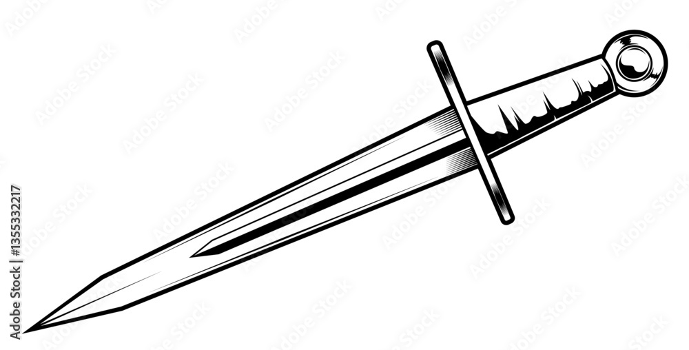 Schwarz-weiße Darstellung eines Dolchs mit Kreuzgriff. Ideal für historische Themen, Fantasy, Symbolik, Ausmalbilder, Abenteuerdesigns oder mittelalterliche Requisiten. Schwarz-weiße Darstellung eines Dolchs mit Kreuzgriff. Ideal für historische Themen, Fantasy, Symbolik, Ausmalbilder, Abenteuerdesigns oder mittelalterliche Requisiten.