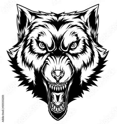 Schwarz-weiße Darstellung eines fauchenden Wolfskopfs von vorn. Ideal für Tattoos, Wappen, Totems, Fantasy, Ausmalbilder oder Symbolik von Wildheit, Schutz und Instinkt.