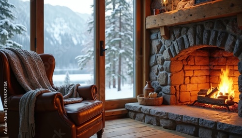 Fototapeta Naklejka Na Ścianę i Meble -  Cozy rustic cabin interior features stone fireplace leather armchair. Inviting warm atmosphere with a snowy view outside the window. Home decor relaxation, perfect Zoom background or home decor.