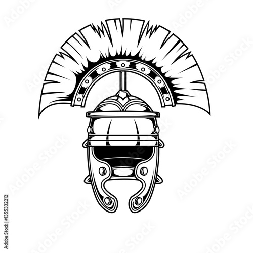 Schwarz-weiße Darstellung eines römischen Galea-Helms mit großem Helmbusch, frontal. Perfekt für Antike, Rom, Legionäre, Ausmalbilder, Reenactment oder klassische Symbolik.