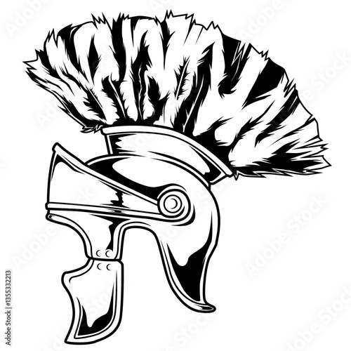 Schwarz-weiße Darstellung eines römischen Prätorianer Helms mit Federbusch. Ideal für Antike, Militärgeschichte, Rom, Legionäre, Ausmalbilder oder symbolische Motive.