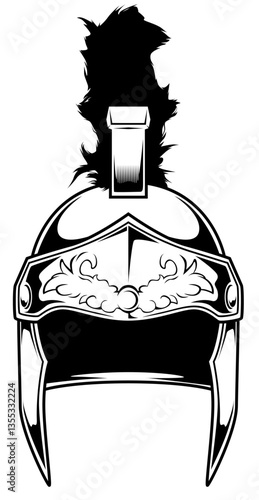 Schwarz-weiße Darstellung eines verzierten antiken römischen Helms mit Helmbusch in Frontalansicht. Perfekt für Fantasy, Antike, Kriegerdesigns, Ausmalbilder oder historische Themen.