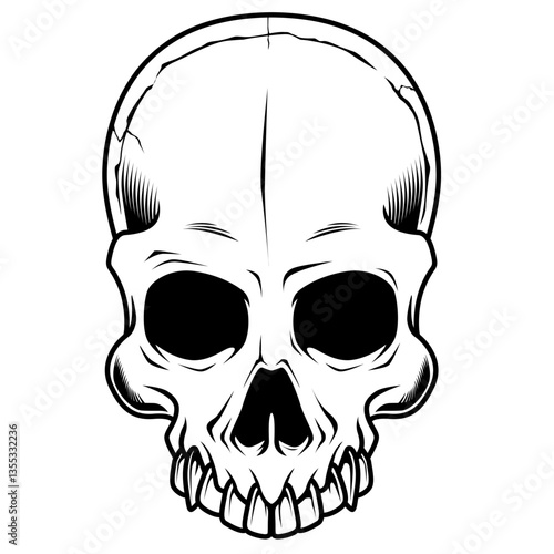 skullStilisierter menschlicher Schädel in Schwarz-Weiß, frontal dargestellt. Perfekt für Tattoos, Anatomie, Gothic-Designs, Ausmalbilder, Horror oder symbolische Darstellungen.